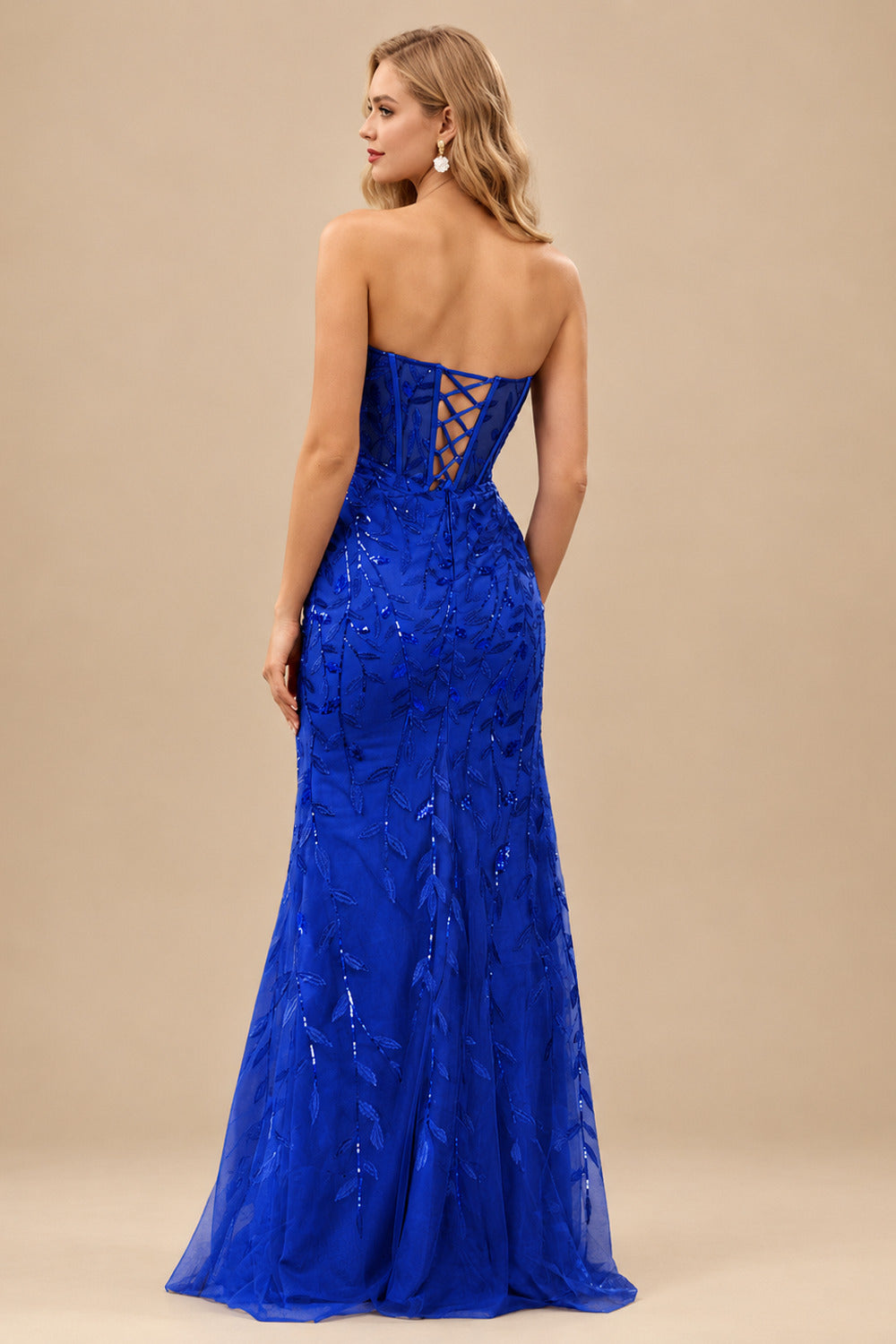 Rutipo Royal Blue Fitted Strapless Sweetheart Sheer Corset Sequins Prom Dress With Slit