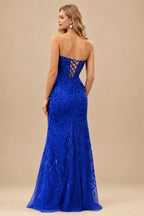 Rutipo Royal Blue Fitted Strapless Sweetheart Sheer Corset Sequins Prom Dress With Slit