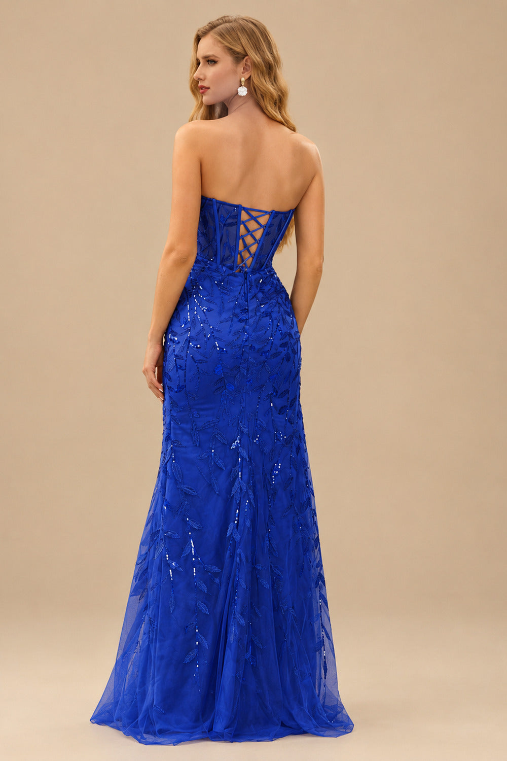 Rutipo Royal Blue Fitted Strapless Sweetheart Sheer Corset Sequins Prom Dress With Slit