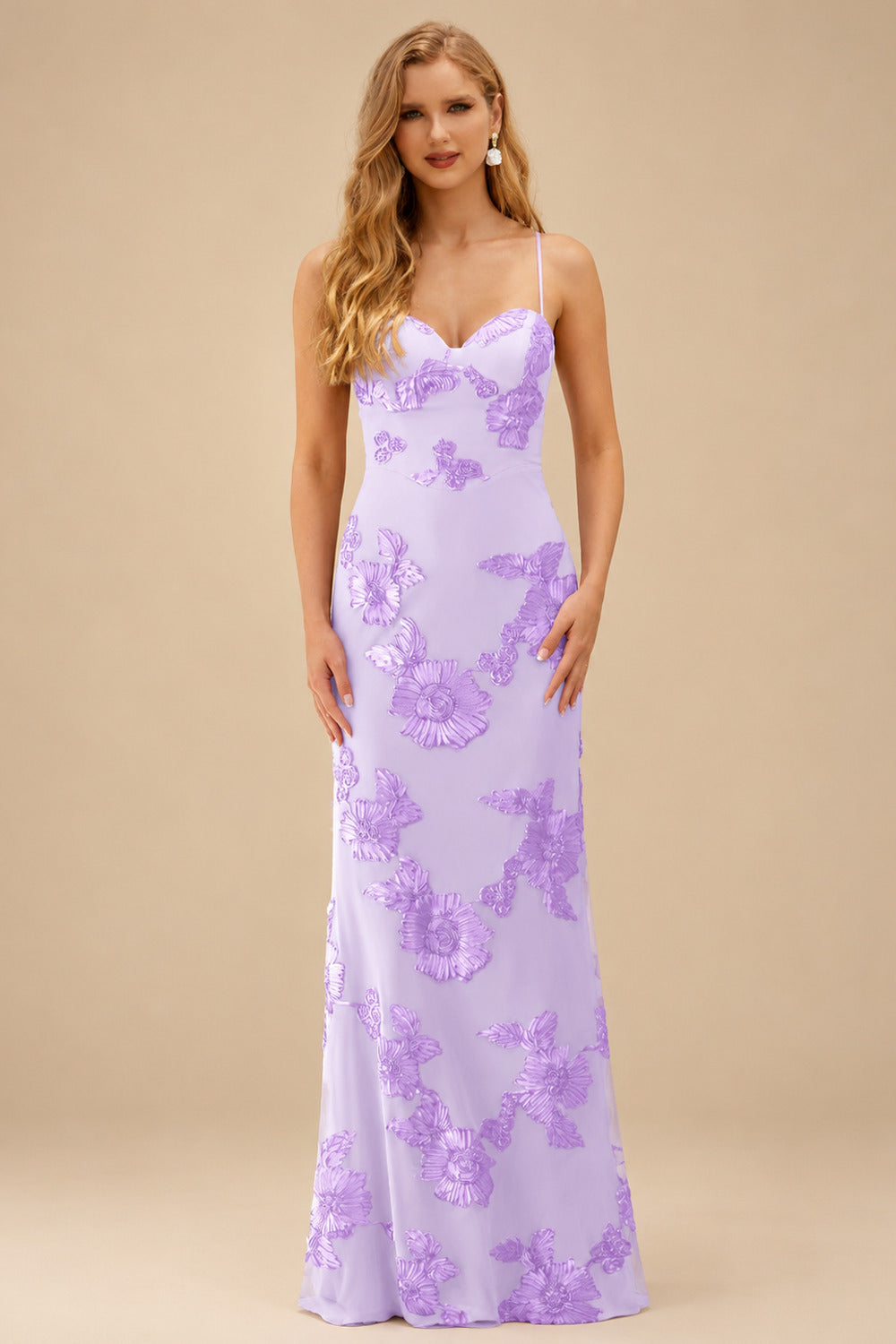 Rutipo Lilac Fitted Floral Jacquard Spaghetti Strap Prom Gown with Open Lace-Up Back