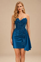 Rutipo Ink Blue Strapless 3D Floral Beaded Corset Mini Homecoming Dress with Side Draping