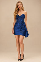 Rutipo Navy Blue Strapless 3D Floral Beaded Corset Mini Homecoming Dress with Side Draping