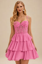 Rutipo Azalea A-line Beaded Corset Layered Ruffle Chiffon Mini Homecoming Dress