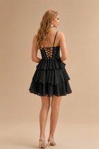 Rutipo Black A-line Beaded Corset Layered Ruffle Chiffon Mini Homecoming Dress