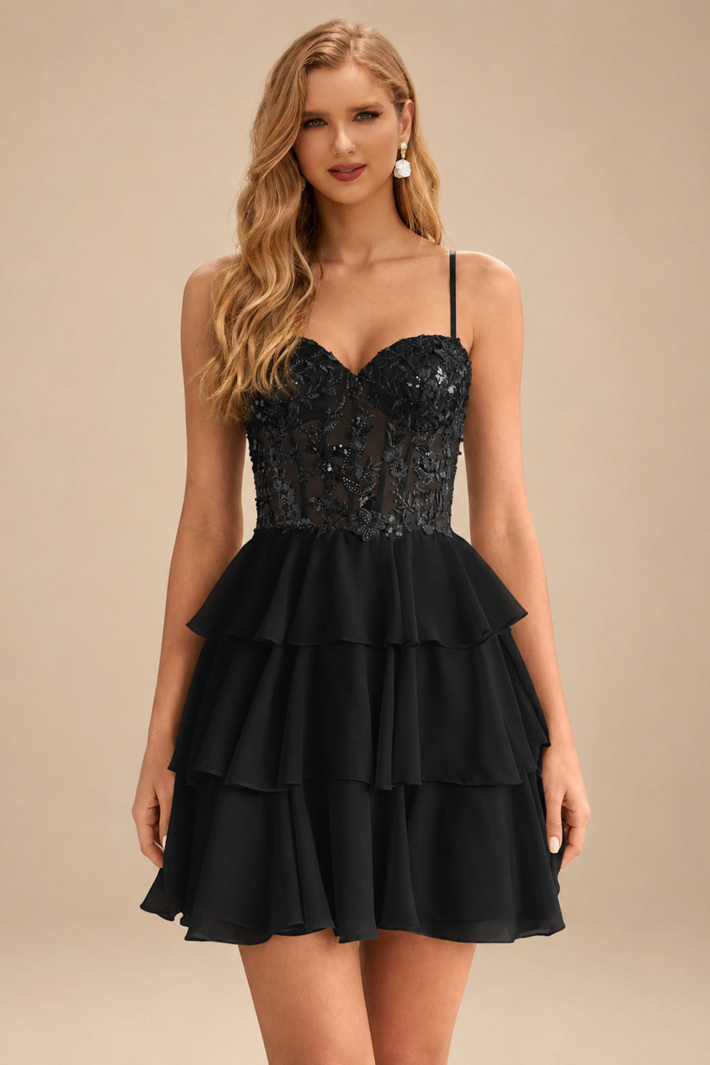 Rutipo Black A-line Beaded Corset Layered Ruffle Chiffon Mini Homecoming Dress