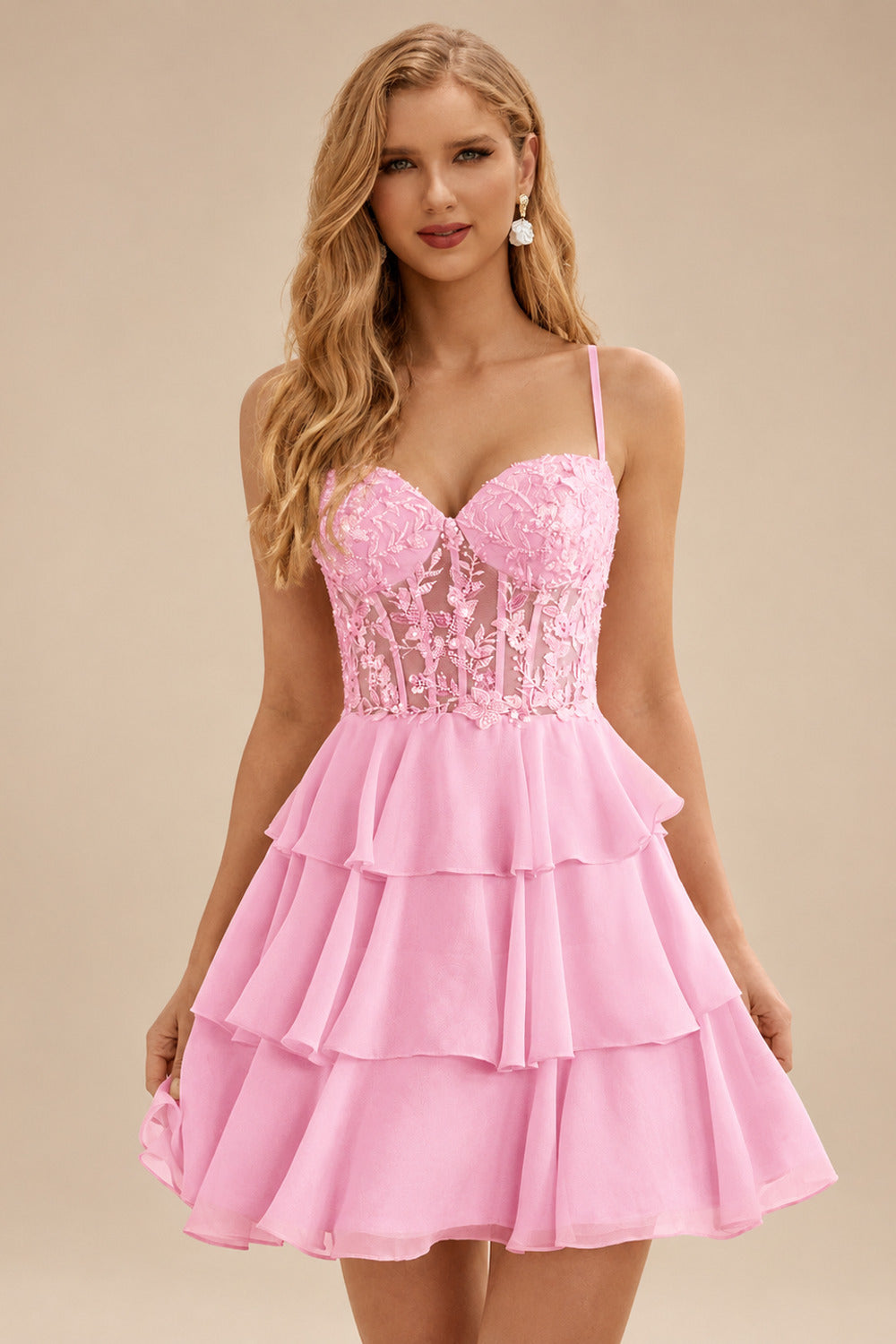 Rutipo Candy Pink A-line Beaded Corset Layered Ruffle Chiffon Mini Homecoming Dress
