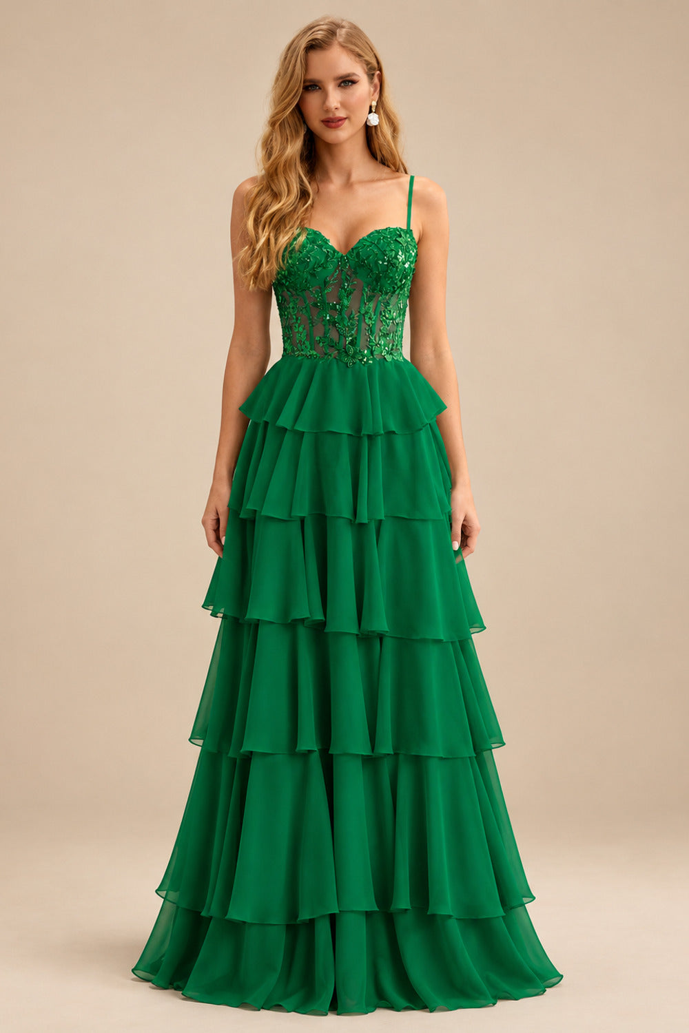 Rutipo Emerald A-line Beaded Corset Layered Ruffle Chiffon Mini Homecoming Dress