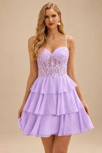 Rutipo Lilac A-line Beaded Corset Layered Ruffle Chiffon Mini Homecoming Dress