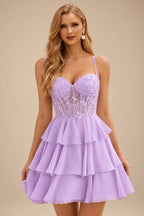 Rutipo Lilac A-line Beaded Corset Layered Ruffle Chiffon Mini Homecoming Dress