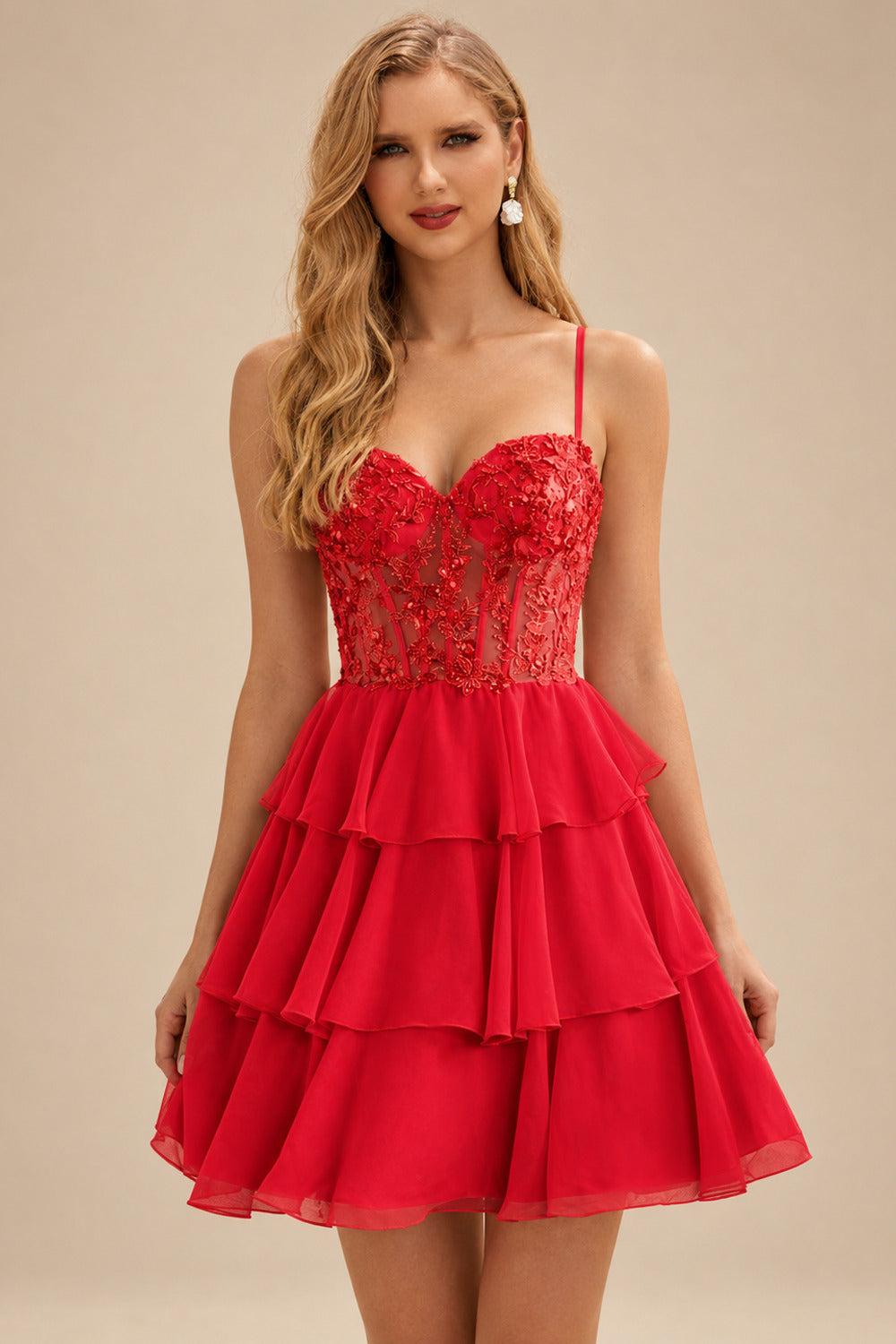 Rutipo Red A-line Beaded Corset Layered Ruffle Chiffon Mini Homecoming Dress