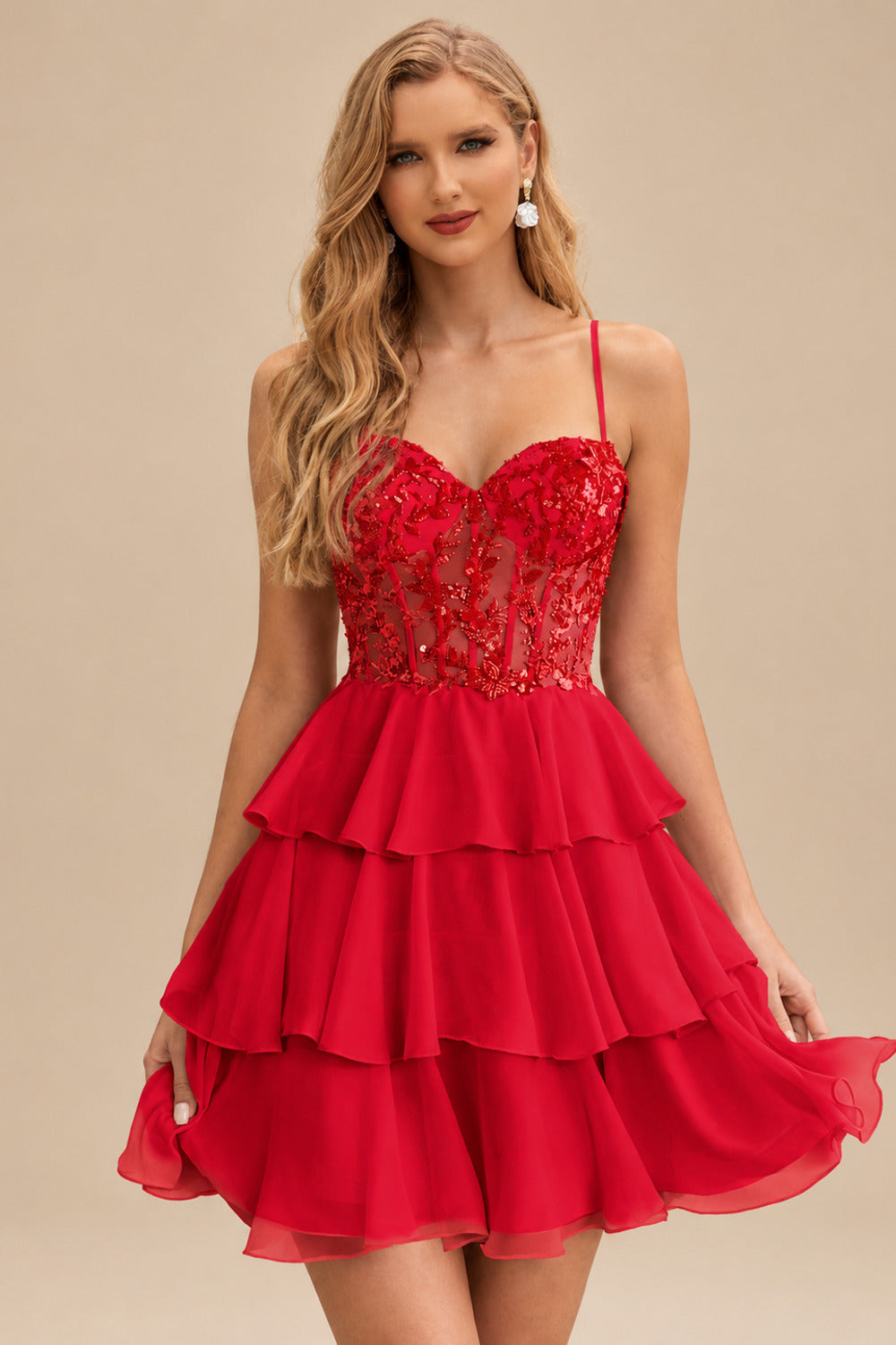 Rutipo Red A-line Beaded Corset Layered Ruffle Chiffon Mini Homecoming Dress