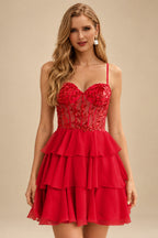 Rutipo Red A-line Beaded Corset Layered Ruffle Chiffon Mini Homecoming Dress