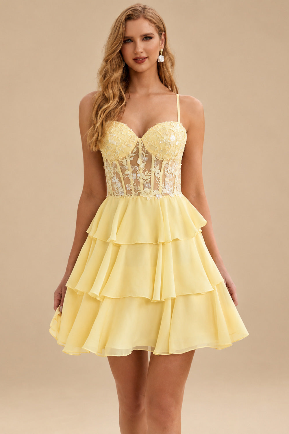 Rutipo Yellow A-line Beaded Corset Layered Ruffle Chiffon Mini Homecoming Dress