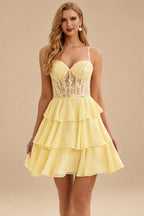 Rutipo Yellow A-line Beaded Corset Layered Ruffle Chiffon Mini Homecoming Dress