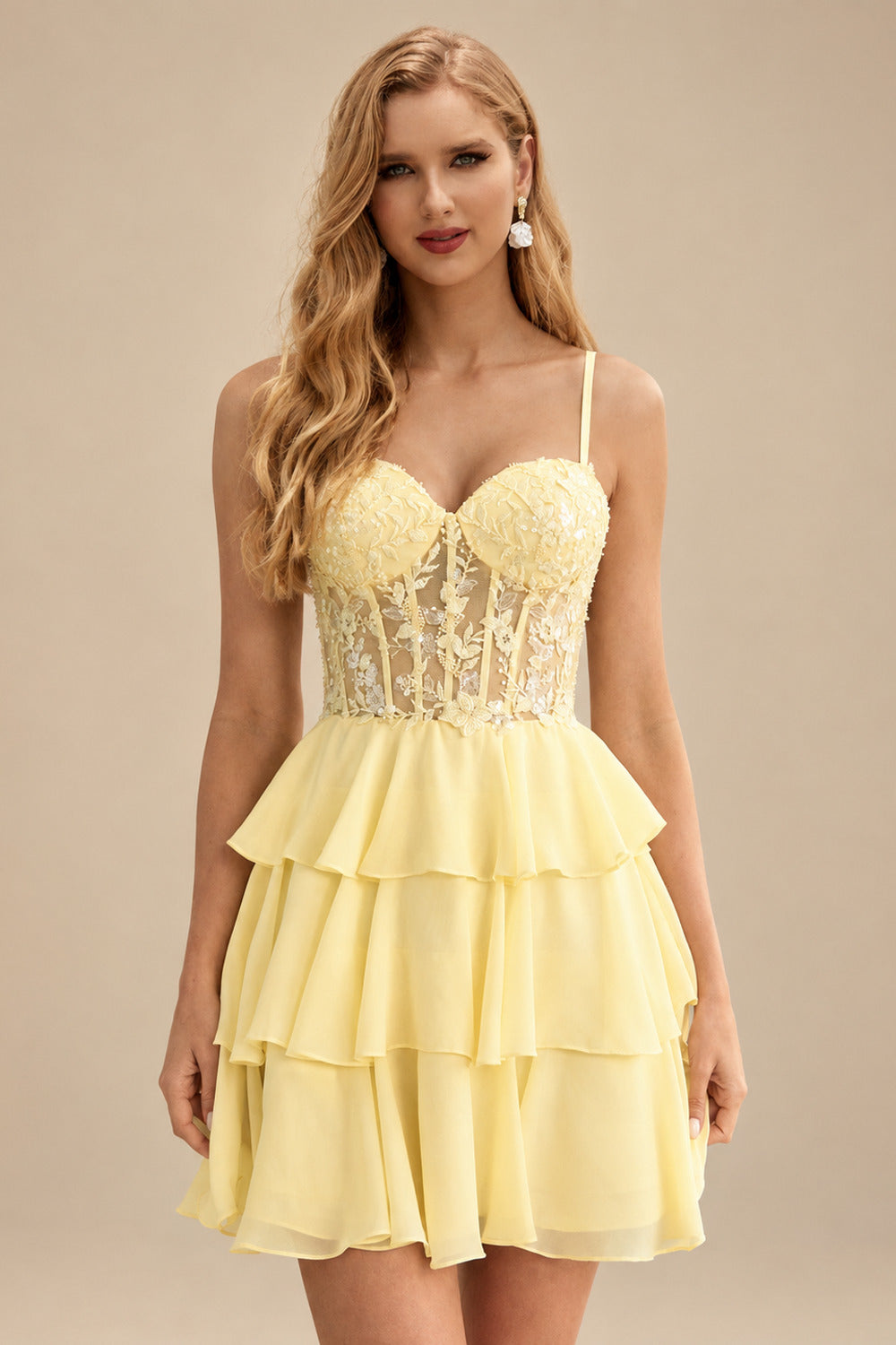 Rutipo Yellow A-line Beaded Corset Layered Ruffle Chiffon Mini Homecoming Dress