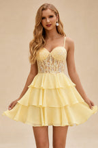 Rutipo Yellow A-line Beaded Corset Layered Ruffle Chiffon Mini Homecoming Dress