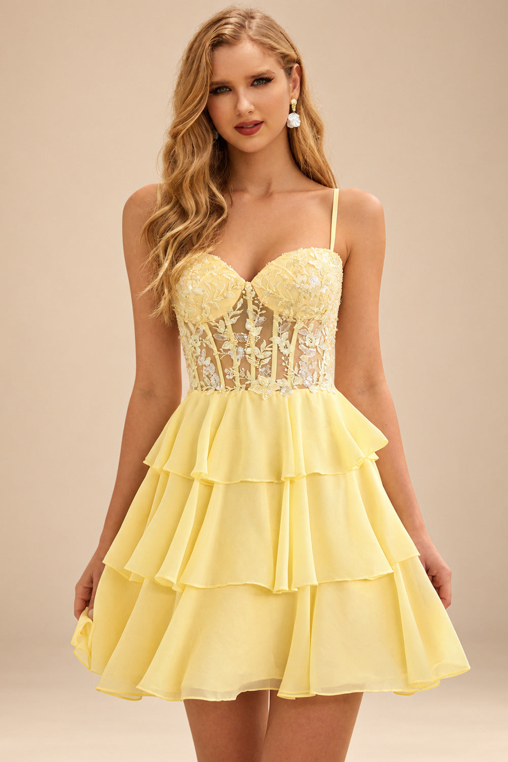 Rutipo Yellow A-line Beaded Corset Layered Ruffle Chiffon Mini Homecoming Dress