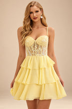 Rutipo Yellow A-line Beaded Corset Layered Ruffle Chiffon Mini Homecoming Dress