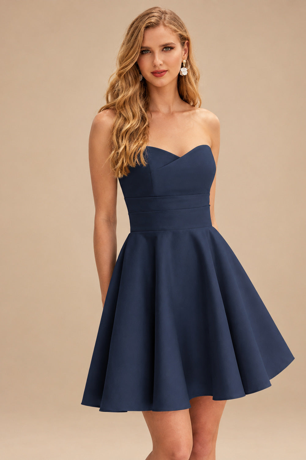 Rutipo Dark Navy A-line Strapless Satin Short Mini Homecoming Dress with Pleated