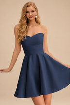 Rutipo Dark Navy A-line Strapless Satin Short Mini Homecoming Dress with Pleated