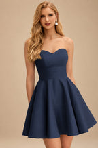Rutipo Dark Navy A-line Strapless Satin Short Mini Homecoming Dress with Pleated