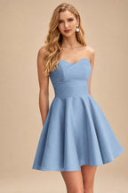 Rutipo Dusty Blue A-line Strapless Satin Short Mini Homecoming Dress with Pleated