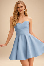 Rutipo Dusty Blue A-line Strapless Satin Short Mini Homecoming Dress with Pleated