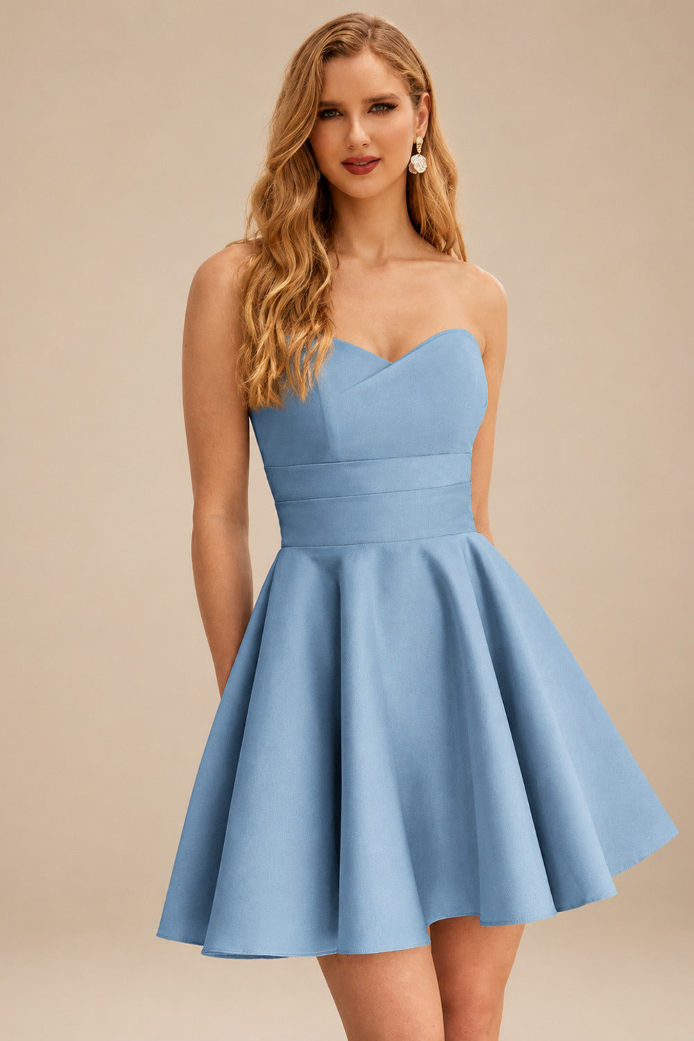 Rutipo Dusty Blue A-line Strapless Satin Short Mini Homecoming Dress with Pleated