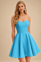Rutipo Ice Blue A-line Strapless Satin Short Mini Homecoming Dress with Pleated