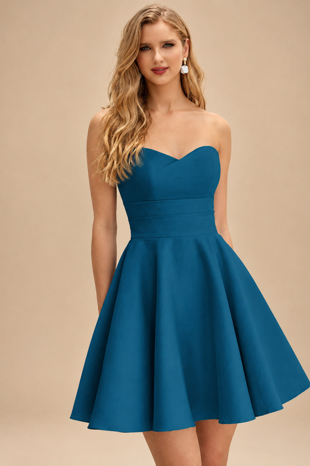 Rutipo Ink Blue A-line Strapless Satin Short Mini Homecoming Dress with Pleated