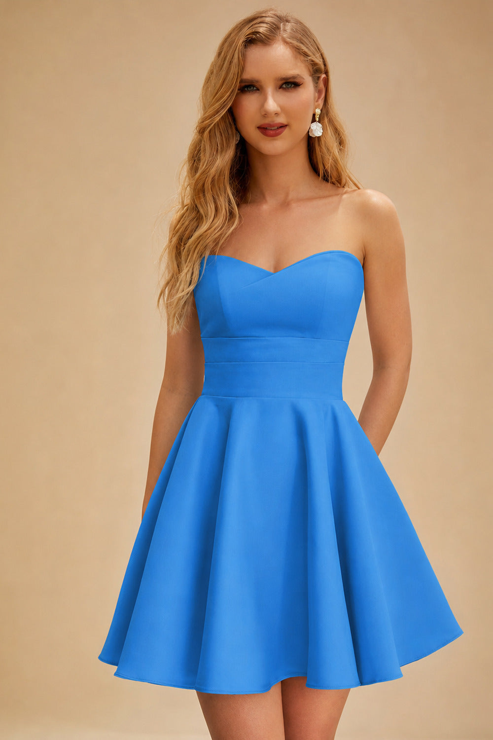 Rutipo Ocean Blue A-line Strapless Satin Short Mini Homecoming Dress with Pleated