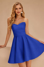 Rutipo Royal Blue A-line Strapless Satin Short Mini Homecoming Dress with Pleated