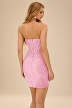 Rutipo Blushing Pink Sparkly Strapless Sweetheart Beaded Corset Bodycon Mini Homecoming Dress