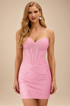 Rutipo Blushing Pink Sparkly Strapless Sweetheart Beaded Corset Bodycon Mini Homecoming Dress