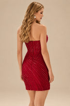 Rutipo Burgundy Sparkly Strapless Sweetheart Beaded Corset Bodycon Mini Homecoming Dress