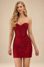 Rutipo Burgundy Sparkly Strapless Sweetheart Beaded Corset Bodycon Mini Homecoming Dress