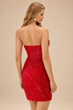 Rutipo Red Sparkly Strapless Sweetheart Beaded Corset Bodycon Mini Homecoming Dress