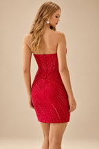 Rutipo Red Sparkly Strapless Sweetheart Beaded Corset Bodycon Mini Homecoming Dress