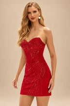 Rutipo Red Sparkly Strapless Sweetheart Beaded Corset Bodycon Mini Homecoming Dress