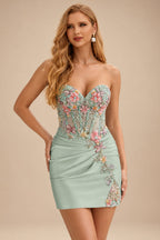 Rutipo Agave Green Sheath Strapless Satin Mini Homecoming Dress with Floral Beaded Corset Bodice