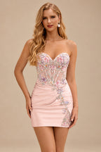 Rutipo Blush Sheath Strapless Satin Mini Homecoming Dress with Floral Beaded Corset Bodice