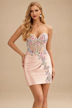Rutipo Blush Sheath Strapless Satin Mini Homecoming Dress with Floral Beaded Corset Bodice
