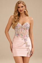 Rutipo Blush Sheath Strapless Satin Mini Homecoming Dress with Floral Beaded Corset Bodice