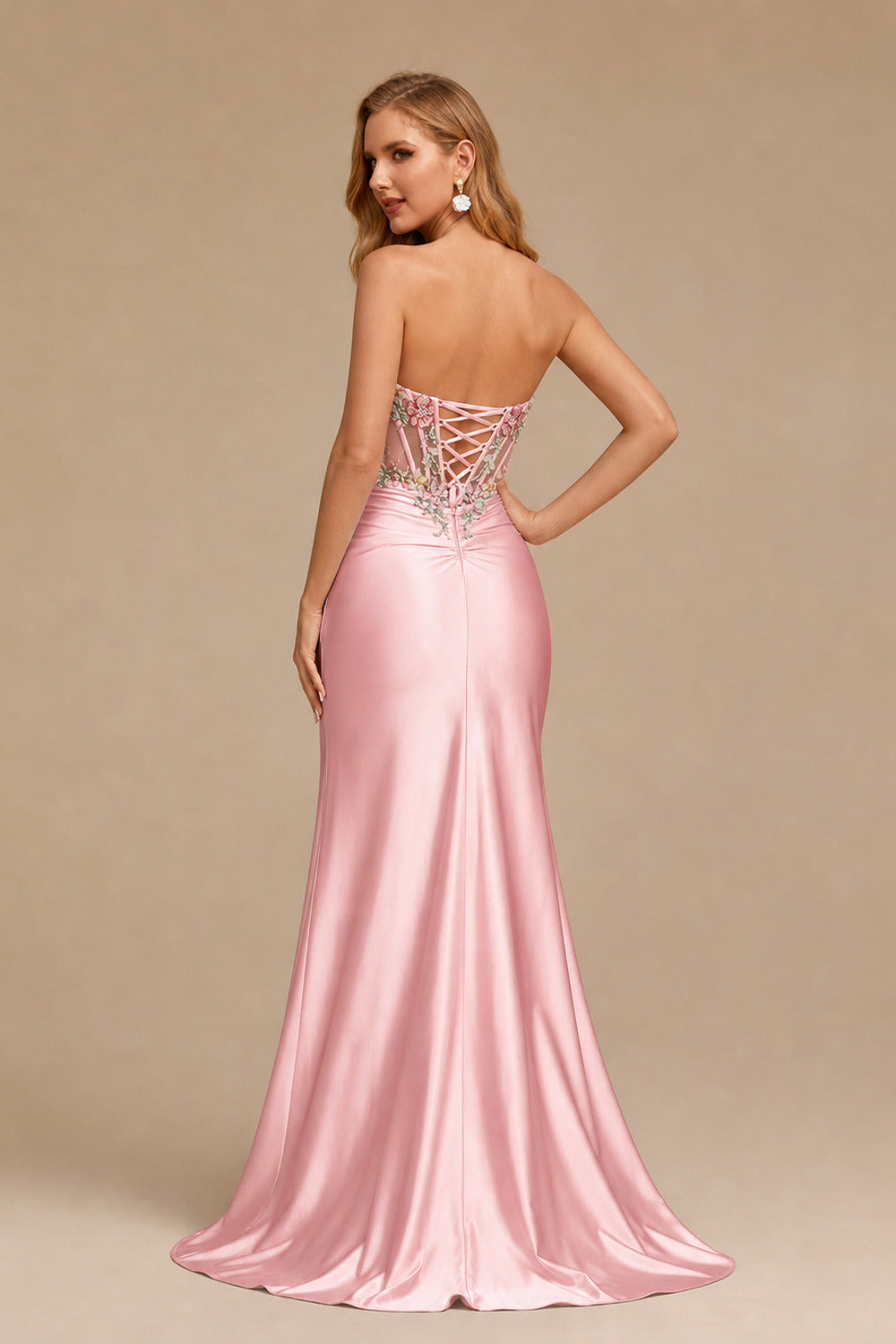 Rutipo Blushing Pink Sheath Strapless Satin Mini Homecoming Dress with Floral Beaded Corset Bodice