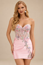 Rutipo Blushing Pink Sheath Strapless Satin Mini Homecoming Dress with Floral Beaded Corset Bodice