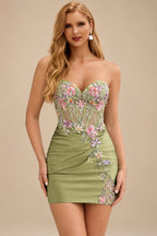 Rutipo Celadon Sheath Strapless Satin Mini Homecoming Dress with Floral Beaded Corset Bodice