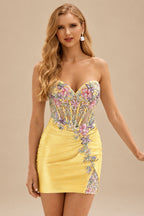 Rutipo Daffodil Sheath Strapless Satin Mini Homecoming Dress with Floral Beaded Corset Bodice