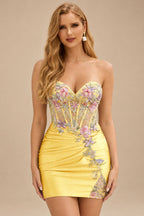Rutipo Daffodil Sheath Strapless Satin Mini Homecoming Dress with Floral Beaded Corset Bodice