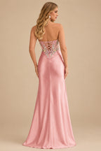 Rutipo Dusty Pink Sheath Strapless Satin Mini Homecoming Dress with Floral Beaded Corset Bodice