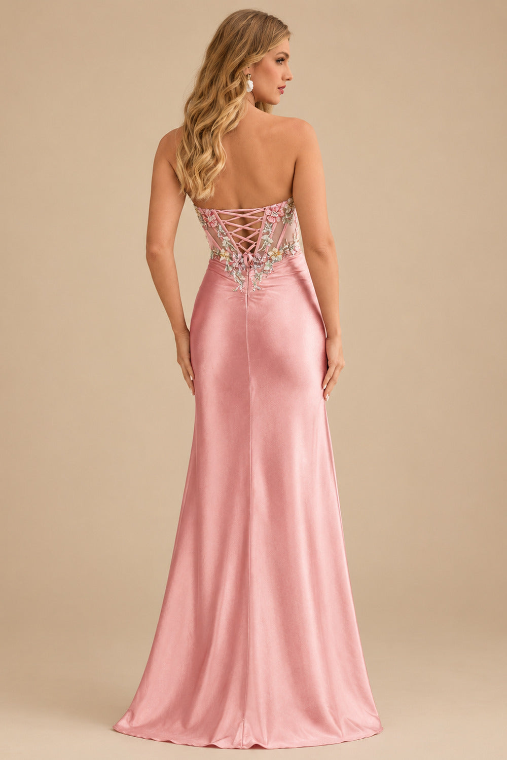 Rutipo Dusty Pink Sheath Strapless Satin Mini Homecoming Dress with Floral Beaded Corset Bodice